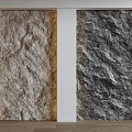 Light Beige And Dark Gray Stone Texture Accent Walls With White Frames And Wooden Floor
