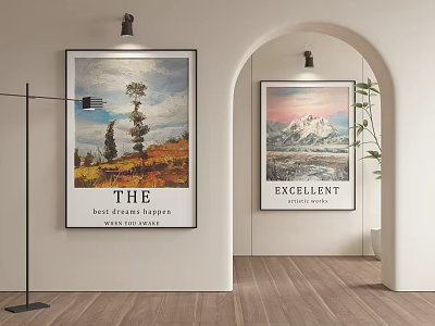Landscape Paintings With Trees Mountains and Sky Hanging on Interior Wall 3d model
