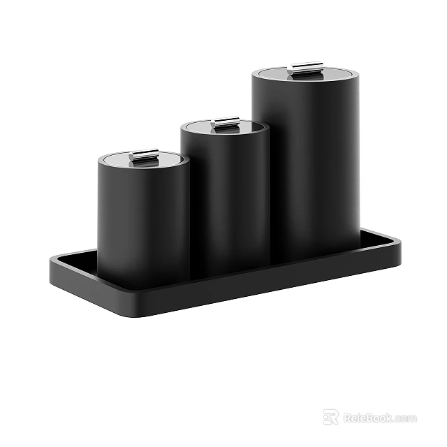 Minimalist Decorative Ornament Set With Three Black Cylindrical Pieces On Rectangular Tray 3d model