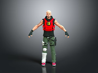 Man Wearing Red Vest with Number 3 Black Sleeveless Top Green Pants White Knee Pads 3d model