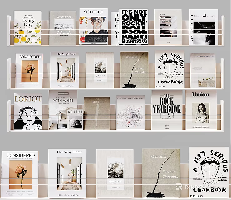 Books and Magazines Neatly Arranged on Shelves with Various Cover Designs 3d model 