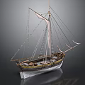 Detailed Wooden Sailing Boat Model With Canvas Sails Masts Ropes And Display Base