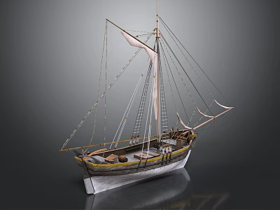 Detailed Wooden Sailing Boat Model With Canvas Sails Masts Ropes And Display Base 3d model