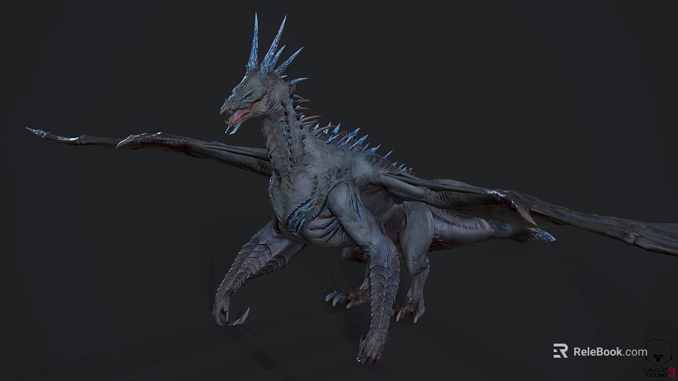 Fierce Mythical Blue Dragon With Spiked Back Spread Wings And Scaly Body 3d model 
