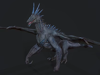 Fierce Mythical Blue Dragon With Spiked Back Spread Wings And Scaly Body 3d model