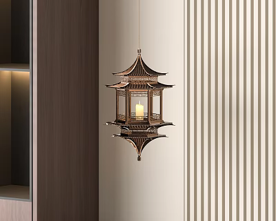 Multi Layer Chinese Style Metal Chandelier With Wooden Accents On Light Beige Vertical Striped Wall 3d model