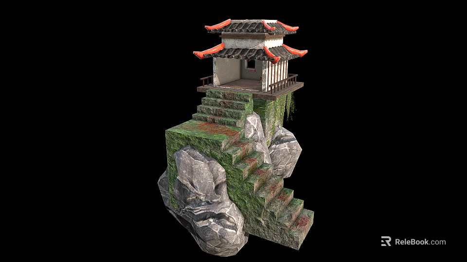 Ancient Architecture On Rocky Cliff With Red Roof And Moss Covered Steps 3d model 