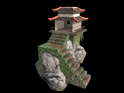 Ancient Architecture On Rocky Cliff With Red Roof And Moss Covered Steps 3d model
