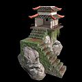 Ancient Architecture On Rocky Cliff With Red Roof And Moss Covered Steps
