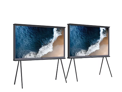 Two Modern Televisions On Tripod Stands Showcasing Ocean Wave And Beach Displays 3d model