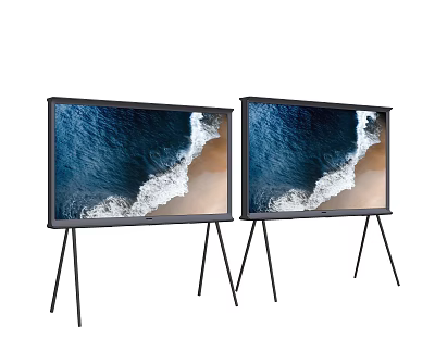 Two Modern Televisions On Tripod Stands Showcasing Ocean Wave And Beach Displays 3d model