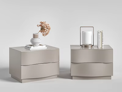 Modern Light Gray Bedside Tables With Drawers Books Dried Flowers And Candle 3d model