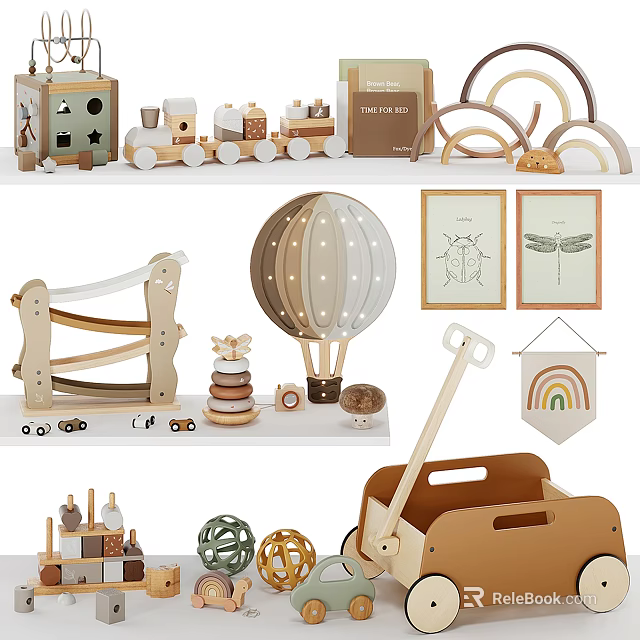 Wooden Building Blocks for Kids with Train Hot Air Balloon Cart and Stacking Rings 3d model 