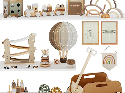Wooden Building Blocks for Kids with Train Hot Air Balloon Cart and Stacking Rings 3d model
