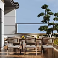Luxury Villa Balcony With Outdoor Dining Table Chairs Potted Plants And Scenic Sky View