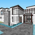 Modern Detached Villa Exterior Design With Swimming Pool Large Glass Windows And Stone Facade