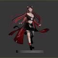 Game Anime Character With Pink Red Long Hair Cat Ears Black Outfit Red Skirt