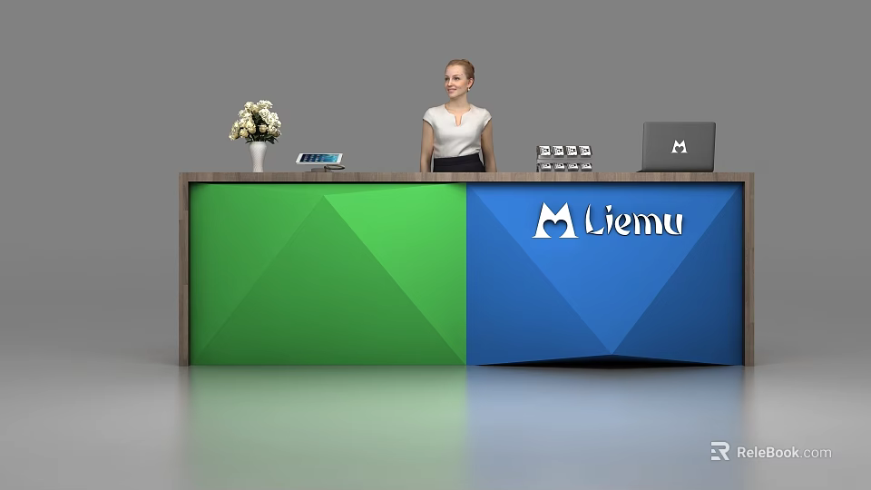 Modern Reception Desk With Green And Blue Panels Liemu Logo Vase Tablet And Laptop 3d model 