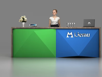 Modern Reception Desk With Green And Blue Panels Liemu Logo Vase Tablet And Laptop 3d model