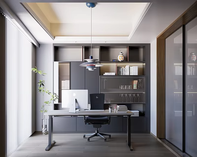 Modern Home Office Interior With Wooden Desk Computer Bookshelves Pendant Light Plant And Glass Doors 3d model