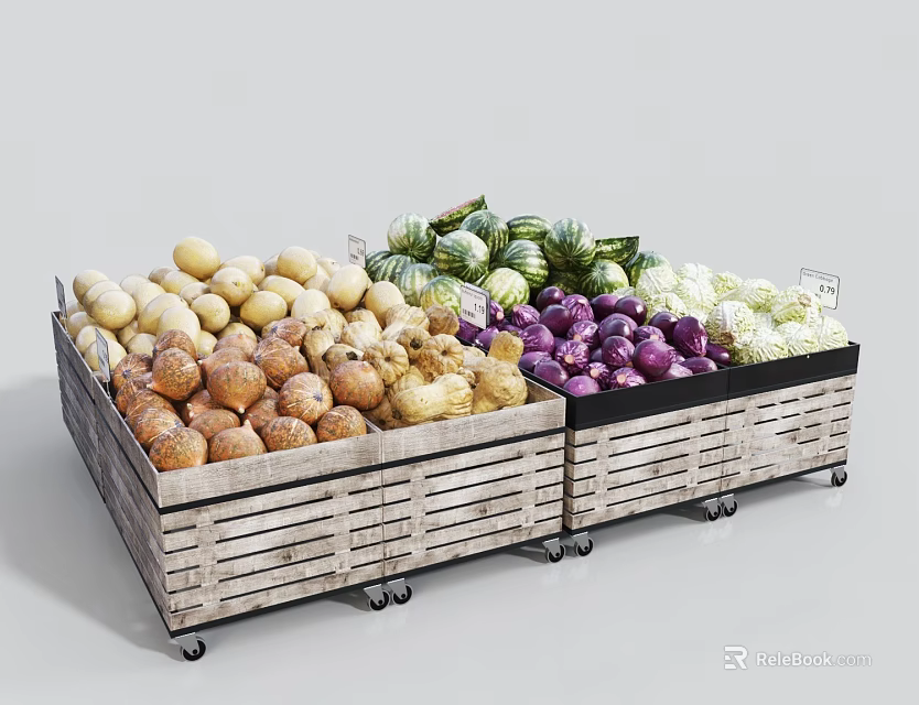 Wooden Display Shelving with Assorted Fresh Vegetables for Grocery Store and Wheels 3d model 