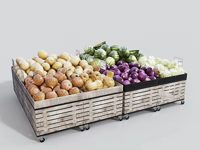 Wooden Display Shelving with Assorted Fresh Vegetables for Grocery Store and Wheels 3d model