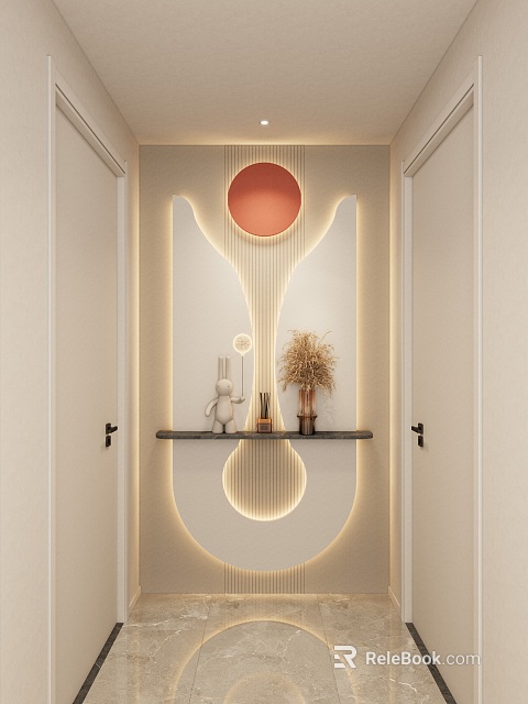 Modern Entryway Hallway Interior Design With Circular Lighting And Decorative Shelf Ornaments 3d model 