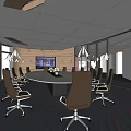 Modern Conference Room With Round Table Comfortable Chairs Large Windows TV Screen And Wooden Walls
