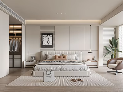 Modern Bedroom Interior Design With Open Closet Bed Wall Art Accent Chair And Indoor Plant 3d model