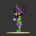 Adorable Forest Elf With Leaf Headpiece In Purple Green Outfit Holding Blue Orb On Base