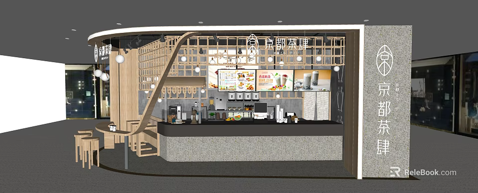 Modern Bubble Tea Shop Interior With Wooden Grille Counter Bar And Menu 3d model 