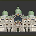 Classical Style Building With Green Domes White Exterior And Arched Windows 3d model
