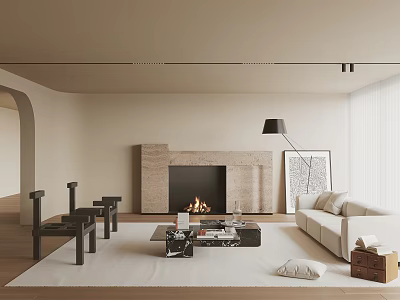 Modern Living Room With Beige Walls Arched Doorway Fireplace Sofa Coffee Table Floor Lamp Rug 3d model