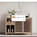Minimalist Japanese Style Wooden Entryway Cabinet With Slatted Doors And Decorative Vase Teapot Jars