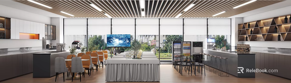 Contemporary Restaurant With Striped Ceiling Long Table Gray Tablecloth Orange Chairs And Green Plants 3d model 