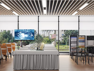 Contemporary Restaurant With Striped Ceiling Long Table Gray Tablecloth Orange Chairs And Green Plants 3d model