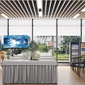 Contemporary Restaurant With Striped Ceiling Long Table Gray Tablecloth Orange Chairs And Green Plants
