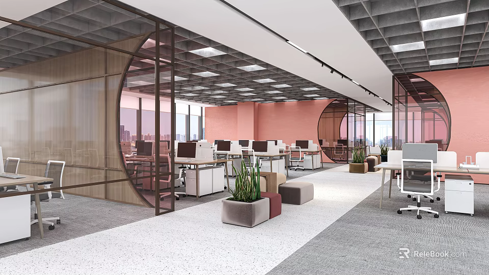 Modern Public Office Space With Open Layout Workstations Green Plants And Round Partitions 3d model 