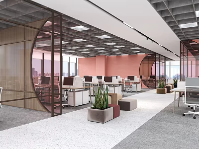 Modern Public Office Space With Open Layout Workstations Green Plants And Round Partitions 3d model