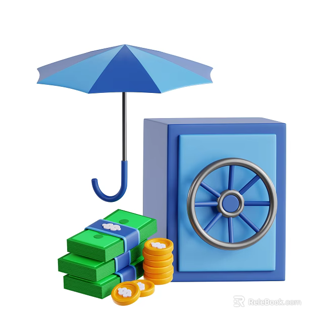 Blue Safe With Umbrella Cash Stacks And Gold Coins For Financial Security 3d model 
