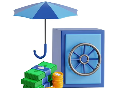 Blue Safe With Umbrella Cash Stacks And Gold Coins For Financial Security 3d model