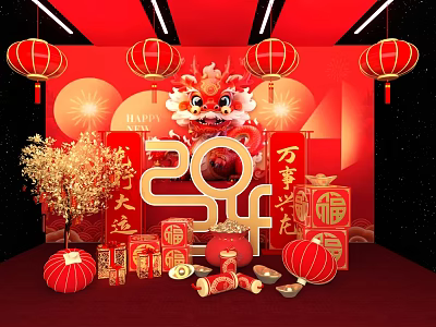 Chinese New Year 2024 Dragon Decor With Red Lanterns And Fortune Characters 3d model