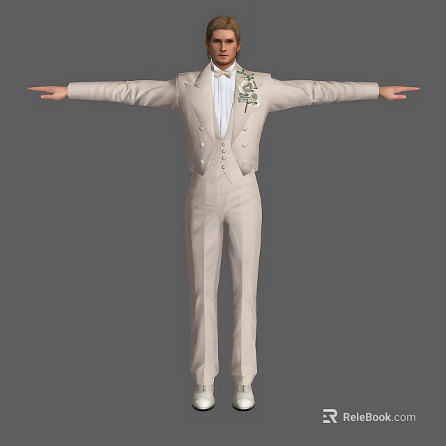 A Man Wearing Light Colored Suit With Bow Tie And Boutonniere Arms Outstretched 3d model 