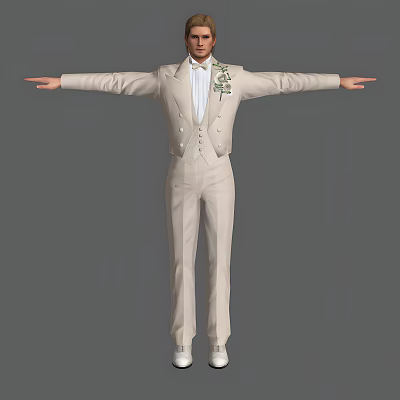 A Man Wearing Light Colored Suit With Bow Tie And Boutonniere Arms Outstretched 3d model