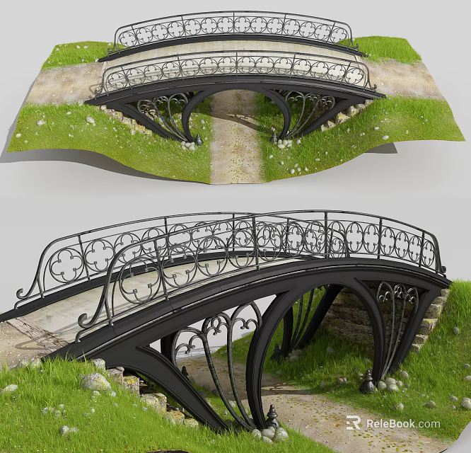 Ornate Arched Bridge With Decorative Iron Railings And Stone Path In Grass Area 3d model 