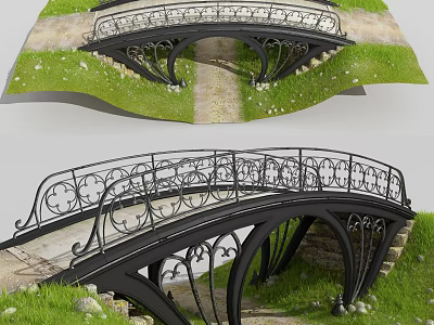 Ornate Arched Bridge With Decorative Iron Railings And Stone Path In Grass Area 3d model