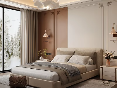Modern Bedroom Interior With Beige Bed Snowy View Window And Decorative Moldings 3d model