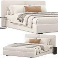 Modern White Double Bed with Brown Pillow Striped Blanket and Nightstand