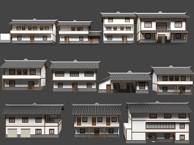 Traditional Chinese Residential Buildings With White Walls Black Tiled Roofs And Various Designs 3d model