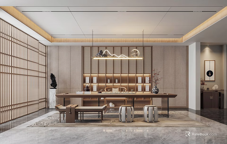 Traditional Tea Room Interior With Wooden Long Table Tea Sets Hanging Lights And Screen Partition 3d model 